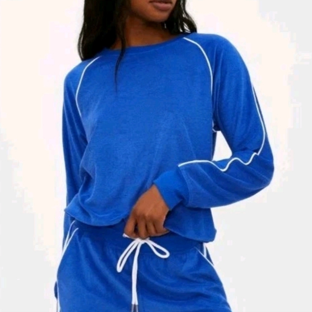 Beach Riot Greer Top Velour Terry Sweatshirt Blue White Piping Pullover Small